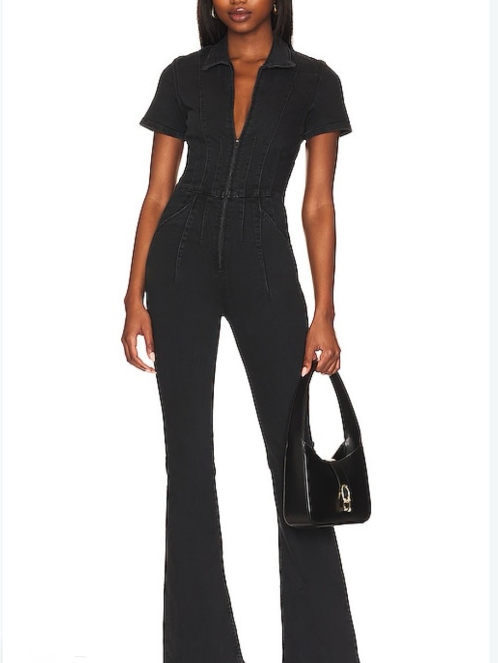 We The Free Black Short-Sleeve Denim Zip-Front Jumpsuit